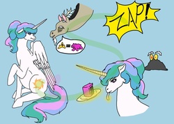 Size: 1024x731 | Tagged: safe, artist:cosmicstarempress, discord, princess celestia, g4, ash, cake, food, preglestia, pregnant, teasing, tempting fate, this ended in pain, zap