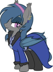 Size: 2178x2959 | Tagged: safe, artist:duskthebatpack, oc, oc only, oc:river rhythm, bat pony, pony, clothes, earring, female, fluffy, hair over one eye, hairband, mare, piercing, robe, simple background, socks, solo, thigh highs, transparent background, vector