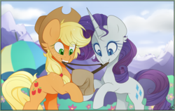 Size: 2955x1872 | Tagged: dead source, safe, artist:sydmeu, applejack, rarity, earth pony, pony, unicorn, g4, wonderbolts academy, applejack's hat, cowboy hat, cutie mark, duo, female, hat, horn, saddle bag, scene interpretation, smiling