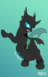 Size: 1000x1618 | Tagged: safe, artist:suspega, oc, oc only, oc:evening breeze, changeling, abdominal bulge, belly, bipedal, changeling oc, fangs, fetish, male, muffled moaning, scar, solo, vore
