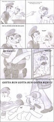 Size: 1552x3449 | Tagged: safe, artist:poseidonathenea, coco pommel, g4, gun, kurt marshall, misunderstanding, monochrome, pencil drawing, police officer, purring, this will end in jail time, traditional art, weapon