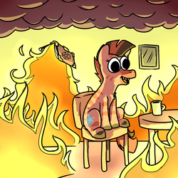 Size: 1280x1280 | Tagged: safe, artist:nobody, oc, oc only, oc:mallac, zebra, fire, gunshow, solo, this is fine