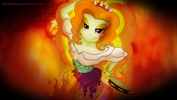 Size: 3840x2160 | Tagged: safe, artist:lima-hibiki, adagio dazzle, equestria girls, g4, clothes, disney, esmeralda (the hunchback of notre dame), evil smile, female, fire, hellfire, high res, looking at you, musical instrument, skirt, smirk, solo, tambourine, the hunchback of notre dame