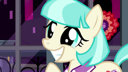 Size: 1280x720 | Tagged: safe, screencap, coco pommel, earth pony, pony, g4, made in manehattan, cocobetes, cute, female, grin, smiling, solo