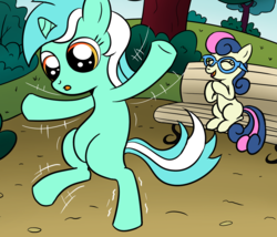Size: 999x857 | Tagged: safe, artist:theponypretender, bon bon, lyra heartstrings, sweetie drops, earth pony, pony, g4, adorabon, bipedal, bon bon is amused, cropped, cute, filly, lyrabetes, twisted bon bon, yay, younger