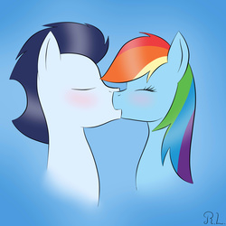 Size: 2000x2000 | Tagged: safe, artist:rainbowline001, rainbow dash, soarin', pony, g4, blushing, bust, female, high res, kissing, male, ship:soarindash, shipping, straight