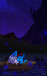 Size: 2191x3513 | Tagged: safe, artist:probablyfakeblonde, oc, oc only, oc:andrew swiftwing, oc:yurushi, pegasus, pony, boat, canterlot, duo, female, high res, lake, looking up, male, mare, night, sky, smiling, stallion, stars, water