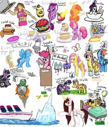 Size: 1280x1500 | Tagged: safe, artist:brainflowcrash, artist:gift, artist:living_dead, artist:strangersaurus, applejack, big macintosh, braeburn, carrot cake, derpy hooves, fluttershy, pinkie pie, rainbow dash, rarity, twilight sparkle, alicorn, pony, g4, bell, clothes, collaboration, drawpile disasters, female, food, gravity falls, hat, iceberg, mabel pines, male, mane six, mare, mural, party hat, pirate fluttershy, pizza, pun, raritea, socks, titanic, twilight sparkle (alicorn), wat