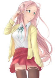 Size: 2028x2864 | Tagged: safe, artist:tiribrush, fluttershy, human, g4, clothes, cute, female, hair accessory, high res, humanized, school uniform, shyabetes, simple background, skirt, socks, solo, white background, zettai ryouiki