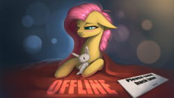 Size: 1280x720 | Tagged: safe, artist:rain-gear, angel bunny, fluttershy, pony, g4, bed, bedroom eyes, bedsheets, blanket, covers, doll, offline, picarto, plushie, sign, smiling, toy