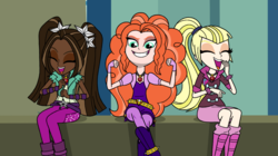 Size: 1280x719 | Tagged: safe, artist:blondenobody, adagio dazzle, aria blaze, sonata dusk, equestria girls, g4, my little pony equestria girls: rainbow rocks, blonde, boots, brown hair, clothes, dark skin, ginger, human coloration, natural hair color, pigtails, ponytail, redhead, skirt, socks, the dazzlings