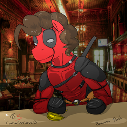 Size: 2000x2000 | Tagged: safe, artist:mr.smile, oc, oc:banana pie, banana, banana pool, commission, crossover, deadpool, food, high res