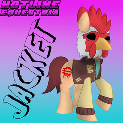 Size: 3500x3500 | Tagged: safe, artist:heartpallete, pony, chicken mask, clothes, gradient background, high res, hotline equestria, hotline miami, jacket, richard, solo, varsity jacket