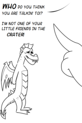 Size: 500x750 | Tagged: safe, artist:queencold, garble, oc, oc:caldera, dragon, g4, black and white, claw, dialogue, dragoness, grayscale, monochrome, mother, mother and son, parent, scolding, simple background, sketch, teenaged dragon, text, wagging finger