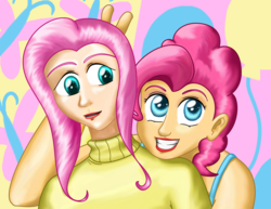 Size: 1000x773 | Tagged: safe, artist:syggie, fluttershy, pinkie pie, human, g4, clothes, humanized, sweater, sweatershy, uncanny valley