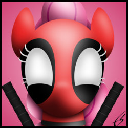 Size: 3000x3000 | Tagged: safe, artist:facelesssoles, pinkie pie, g4, clothes, cosplay, costume, crossover, deadpool, female, high res, marvel, pinkiepool, solo