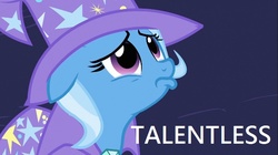 Size: 705x395 | Tagged: safe, edit, edited screencap, screencap, trixie, pony, unicorn, g4, magic duel, downvote bait, female, image macro, mare, meme, op is a duck, sad, solo, woobie, worst pony