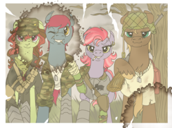 Size: 956x711 | Tagged: safe, artist:sourcherry, oc, oc only, oc:bravo brigade, oc:cherry soda, oc:marker round, oc:wild swing, fallout equestria, armor, cigarette, gun, smoking, weapon