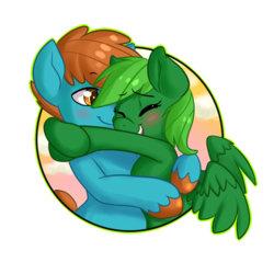 Size: 1450x1450 | Tagged: safe, artist:annakitsun3, oc, oc only, oc:cupadoodle, oc:green bean, pegasus, pony, blushing, cute, female, green hair, hug, male, snuggling, straight