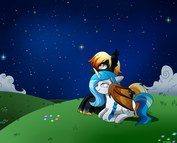 Size: 2100x1700 | Tagged: safe, artist:zoruanna, oc, oc only, oc:bubble lee, oc:rege liliac, oc:regina liliac, bat pony, pony, unicorn, cute, female, hill, male, oc x oc, rule 63, shipping, starry night, stars, straight