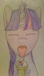 Size: 2988x5200 | Tagged: safe, artist:shirotanuki, pinkie pie, twilight sparkle, pony, g4, butt, female, food, ice cream, ice cream cone, imminent vore, mare, micro, open mouth, pinkie prey, plot, ponies in food, tongue out, traditional art, twipred, unaware, uvula