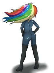 Size: 2598x3472 | Tagged: safe, artist:sumin6301, rainbow dash, human, g4, ass, boots, butt, catsuit, face not visible, facing away, female, hand on hip, high heels, high res, humanized, latex, latex suit, rainbutt dash, rear view, shadow, simple background, solo, white background