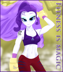Size: 1024x1170 | Tagged: safe, artist:vincentjiang0v0, rarity, equestria girls, g4, abs, armpits, belly button, boxing gloves, clothes, female, fitness is magic, midriff, muscles, pants, ripped rarity, solo, sports bra, tattoo