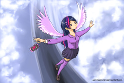 Size: 750x500 | Tagged: safe, artist:alexmakovsky, twilight sparkle, human, g4, cellphone, clothes, female, humanized, phone, pleated skirt, shirt, shoes, skirt, socks, solo, spread wings, thigh highs, twilight sparkle (alicorn), winged humanization, zettai ryouiki