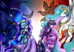 Size: 2570x1808 | Tagged: safe, artist:alicetam, princess celestia, princess luna, trixie, twilight sparkle, alicorn, pony, g4, female, mare, twilight sparkle (alicorn)