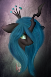 Size: 1369x2062 | Tagged: dead source, safe, artist:beshely, queen chrysalis, changeling, changeling queen, g4, crown, female, jewelry, portrait, regalia, solo