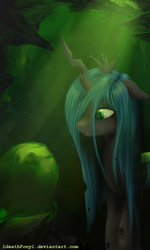 Size: 988x1646 | Tagged: safe, artist:1deathpony1, queen chrysalis, changeling, changeling queen, g4, crepuscular rays, crown, cute little fangs, egg, fangs, female, jewelry, looking at something, mare, mommy chrissy, regalia, solo