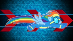 Size: 1191x670 | Tagged: safe, artist:laszlvfx, artist:reginault, edit, rainbow dash, pegasus, pony, g4, female, flying, goggles, mare, smiling, solo, vector, wallpaper, wallpaper edit, wonderbolts uniform