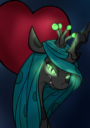Size: 595x841 | Tagged: safe, artist:briarspark, queen chrysalis, changeling, changeling queen, g4, angry, crown, female, glowing eyes, heart, jewelry, looking at you, regalia, solo