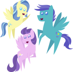 Size: 1057x1040 | Tagged: safe, artist:pacificgreen, clear skies, open skies, sunshower, pony, g4, chibi, pointy ponies, trio