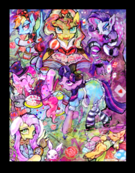 Size: 694x888 | Tagged: safe, artist:onofuji, angel bunny, applejack, fluttershy, maud pie, pinkie pie, rainbow dash, rarity, sunset shimmer, twilight sparkle, butterfly, caterpillar, pony, g4, alice in wonderland, cake, cheshire cat, crossover, dormouse, flower, food, mad hatter, mushroom, playing card, red queen, rose, tea, thorn, watch, white rabbit