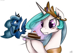 Size: 2400x1748 | Tagged: safe, artist:whit3-dr4g0n, princess celestia, princess luna, g4, :t, cake, cakelestia, food, sad, this will end in tears and/or a journey to the moon, trolluna, wavy mouth