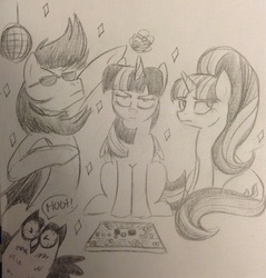 Size: 1147x1200 | Tagged: safe, artist:zigragirl, owlowiscious, starlight glimmer, twilight sparkle, oc, oc:shadow leap, alicorn, bat pony, pony, g4, annoyed, disco ball, female, game, irc, mare, monochrome, pencil drawing, sunglasses, traditional art, twilight sparkle (alicorn)