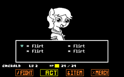 Size: 1440x900 | Tagged: safe, artist:ficficponyfic, edit, pony, colt quest, adult, armor, bag, chainmail, crossover, female, flirting, heart, mare, rpg, rpg battle, soul, squire, sword, undertale, weapon