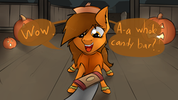 Size: 3000x1687 | Tagged: safe, artist:marsminer, oc, oc only, oc:venus spring, candy, cute, dialogue, female, filly, food, halloween, smiling, venus spring actually having a pretty good time