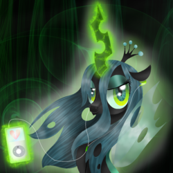 Size: 1000x1000 | Tagged: safe, artist:chanceyb, queen chrysalis, changeling, changeling queen, g4, bedroom eyes, crown, earbuds, female, heartbreak, ipod, jewelry, looking at you, magic, portrait, regalia, smiling, solo, telekinesis