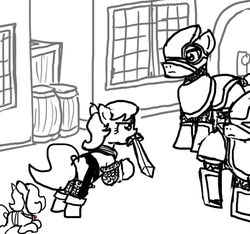 Size: 640x600 | Tagged: safe, artist:ficficponyfic, oc, oc only, oc:emerald jewel, earth pony, pony, colt quest, adult, amulet, armor, bandage, barrel, barrels, box, building, chainmail, charge, child, colt, cyoa, danger, demon hunter, door, escape, female, fight, galloping, guard, guards, male, mare, running, squire, stallion, story included, street, sword, weapon, window
