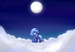 Size: 1000x700 | Tagged: safe, artist:xwreathofroses, princess luna, g4, cloud, female, filly, happy, looking up, moon, night, solo, woona