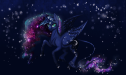 Size: 1500x900 | Tagged: dead source, safe, artist:heather-west, princess luna, classical unicorn, g4, curved horn, female, galaxy mane, horn, leonine tail, solo, space, unshorn fetlocks