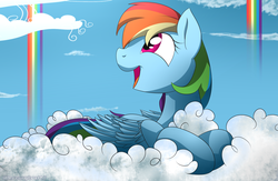 Size: 2300x1500 | Tagged: safe, artist:mercurycraft7, rainbow dash, pegasus, pony, g4, cloud, day, female, looking up, lying down, lying on a cloud, on a cloud, open mouth, prone, rainbow waterfall, sky, solo