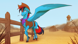 Size: 3500x1969 | Tagged: safe, artist:probablyfakeblonde, oc, oc only, oc:swiftwing, pegasus, pony, bandana, clothes, cowboy hat, fence, hat, looking back, male, scenery, stallion, town, vest, water tower, western