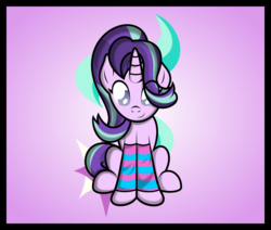 Size: 2846x2413 | Tagged: safe, artist:ideltavelocity, starlight glimmer, pony, unicorn, g4, cute, cutie mark background, female, glimmerbetes, high res, leg warmers, looking down, mare, sitting, smiling, solo