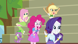 Size: 1280x720 | Tagged: safe, screencap, applejack, fluttershy, pinkie pie, rarity, spike, dog, equestria girls, g4, clothes, pinkie pie's skirt, skirt, spike the dog, tongue out