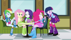 Size: 1280x720 | Tagged: safe, edit, edited screencap, screencap, fluttershy, pinkie pie, rainbow dash, rarity, spike, twilight sparkle, dog, equestria girls, g4, balloon, boots, bracelet, clothes, drink, high heel boots, jewelry, milkshake, skirt, spike the dog