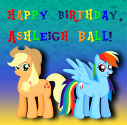 Size: 900x884 | Tagged: safe, artist:cyber-murph, applejack, rainbow dash, g4, ashleigh ball, happy birthday, tribute