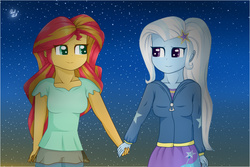 Size: 960x640 | Tagged: safe, artist:rmariansj, sunset shimmer, trixie, equestria girls, g4, counterparts, female, lesbian, ship:suntrix, shipping, twilight's counterparts